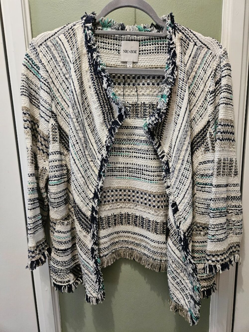 Nic+Zoe Shake it Up Jacket Blazer Cardigan Large White Blue Green Office Casual